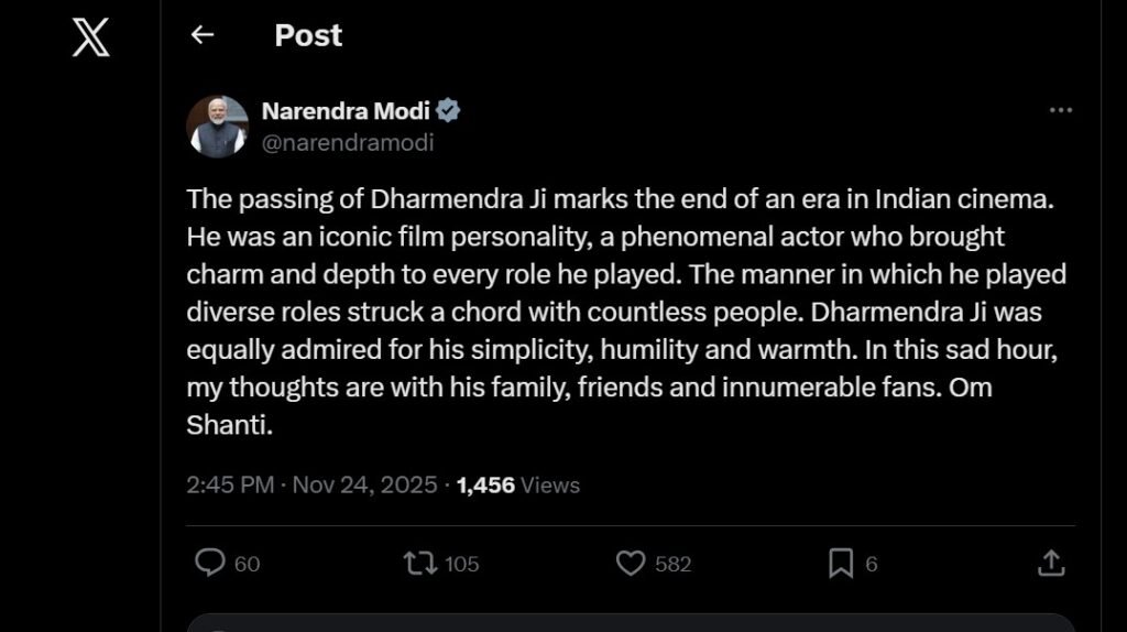 pm modi tweet on dharmendra deol death