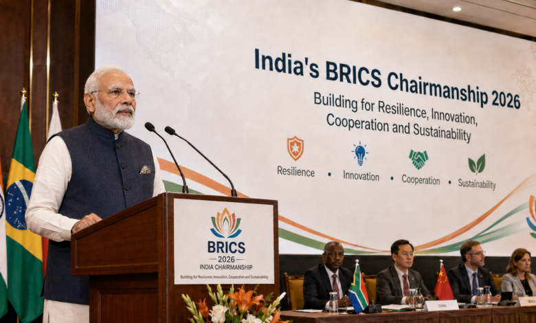 India's BRICS Chairmanship 2026 event showing Prime Minister Narendra Modi speaking at a BRICS podium in front of delegates and the four key pillars backdrop