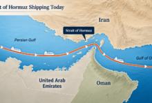 Strait of Hormuz shipping today map showing the maritime route between Iran and Oman.