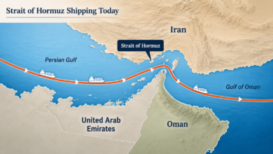 Strait of Hormuz shipping today map showing the maritime route between Iran and Oman.
