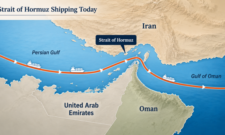 Strait of Hormuz shipping today map showing the maritime route between Iran and Oman.