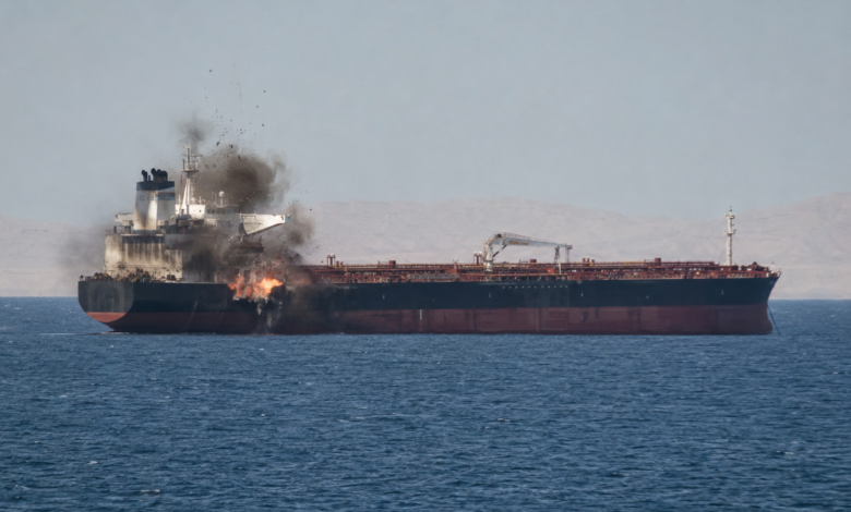 Strait of Hormuz vessel attack showing a commercial ship hit by an unknown projectile