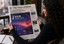 Curly-haired woman reading The Times of Russia featuring the International Film Festival of J&K 2026 and IFFJK in Kashmir.