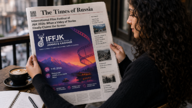 Curly-haired woman reading The Times of Russia featuring the International Film Festival of J&K 2026 and IFFJK in Kashmir.