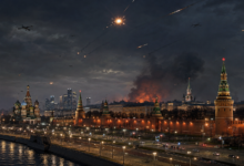 Drone strike in Moscow Region illustration showing Moscow skyline under attack with drones, explosions and smoke