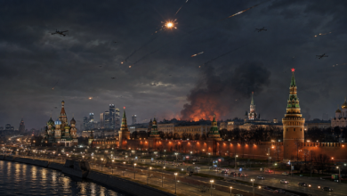 Drone strike in Moscow Region illustration showing Moscow skyline under attack with drones, explosions and smoke