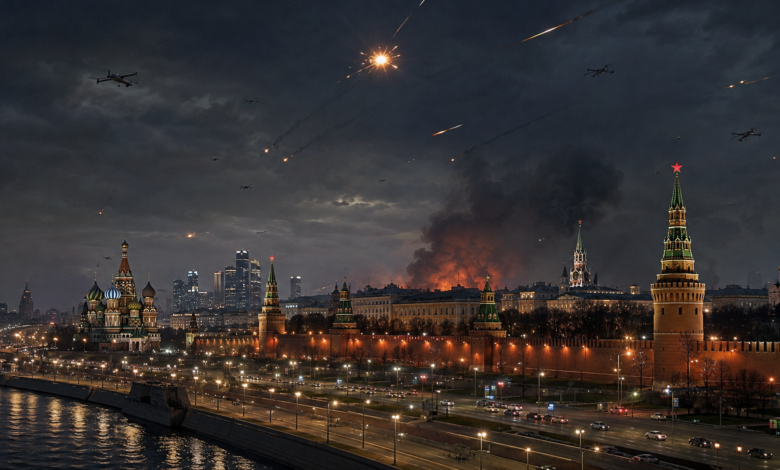 Drone strike in Moscow Region illustration showing Moscow skyline under attack with drones, explosions and smoke