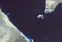 Bab el-Mandeb Strait between Yemen and Djibouti, a strategic maritime corridor connecting the Red Sea and Gulf of Aden
