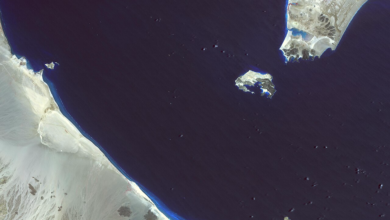 Bab el-Mandeb Strait between Yemen and Djibouti, a strategic maritime corridor connecting the Red Sea and Gulf of Aden
