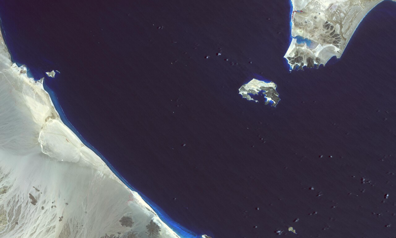 Bab el-Mandeb Strait between Yemen and Djibouti, a strategic maritime corridor connecting the Red Sea and Gulf of Aden
